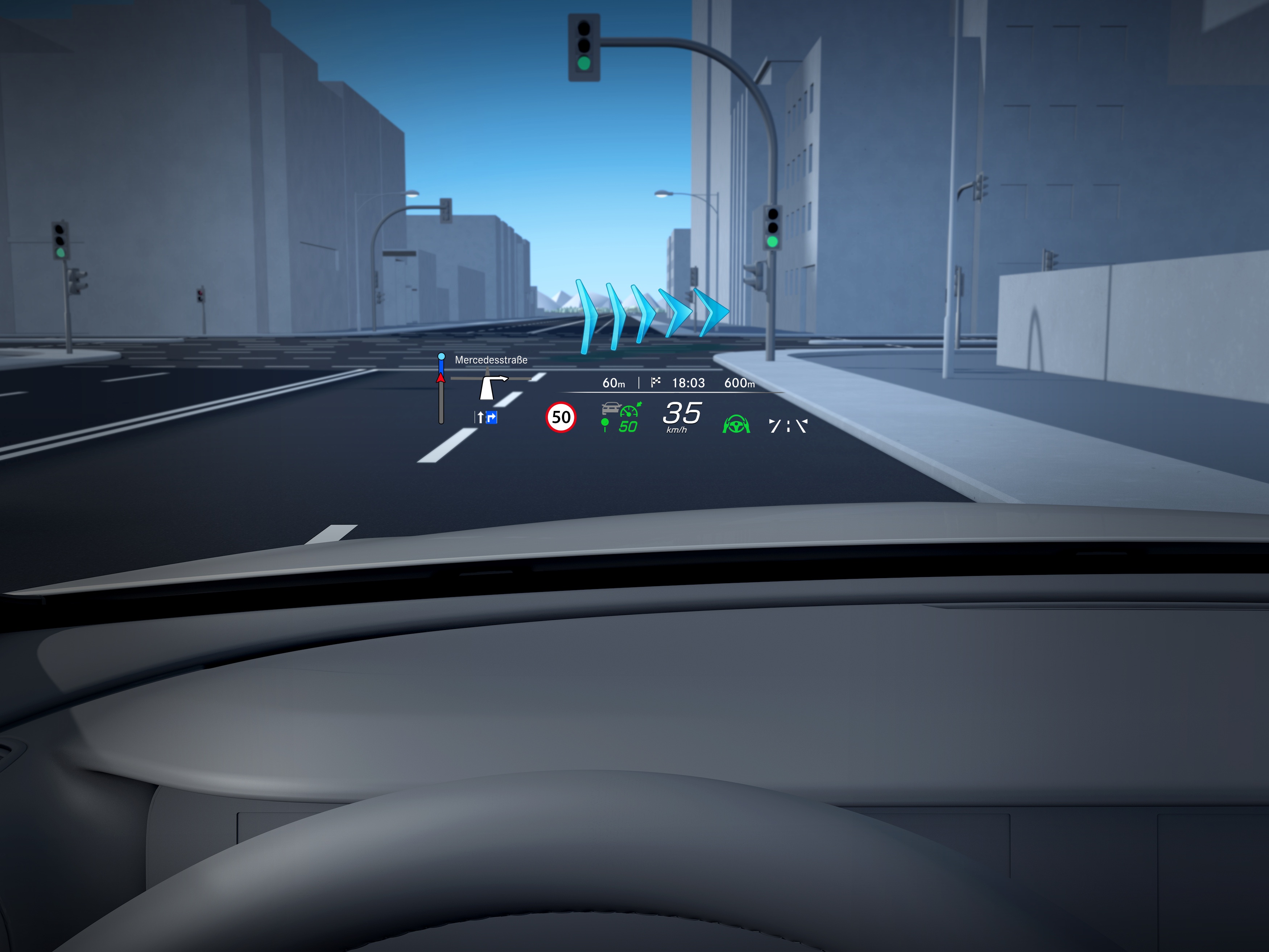 圖5_ HUD 抬頭顯示器將車速、導航線與駕駛輔助等重要行車資訊，以高解析度清晰投影於駕駛視野正前方。